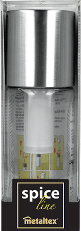 Egy üveg permetezőpalack ezüst tetővel, átlátszó műanyag dobozban bemutatva.