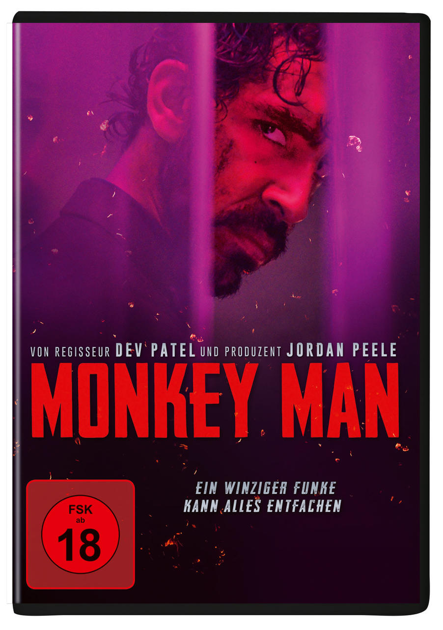 DVD-Hülle mit Filmplakat von Monkey Man. Das Gesicht eines Mannes ist sichtbar.