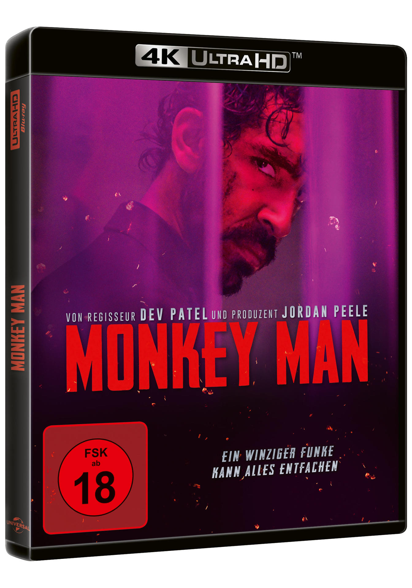 Filmcover, Titel 'MONKEY MAN'. Gesicht eines Mannes, violetter Hintergrund, '4K ULTRA HD'.
