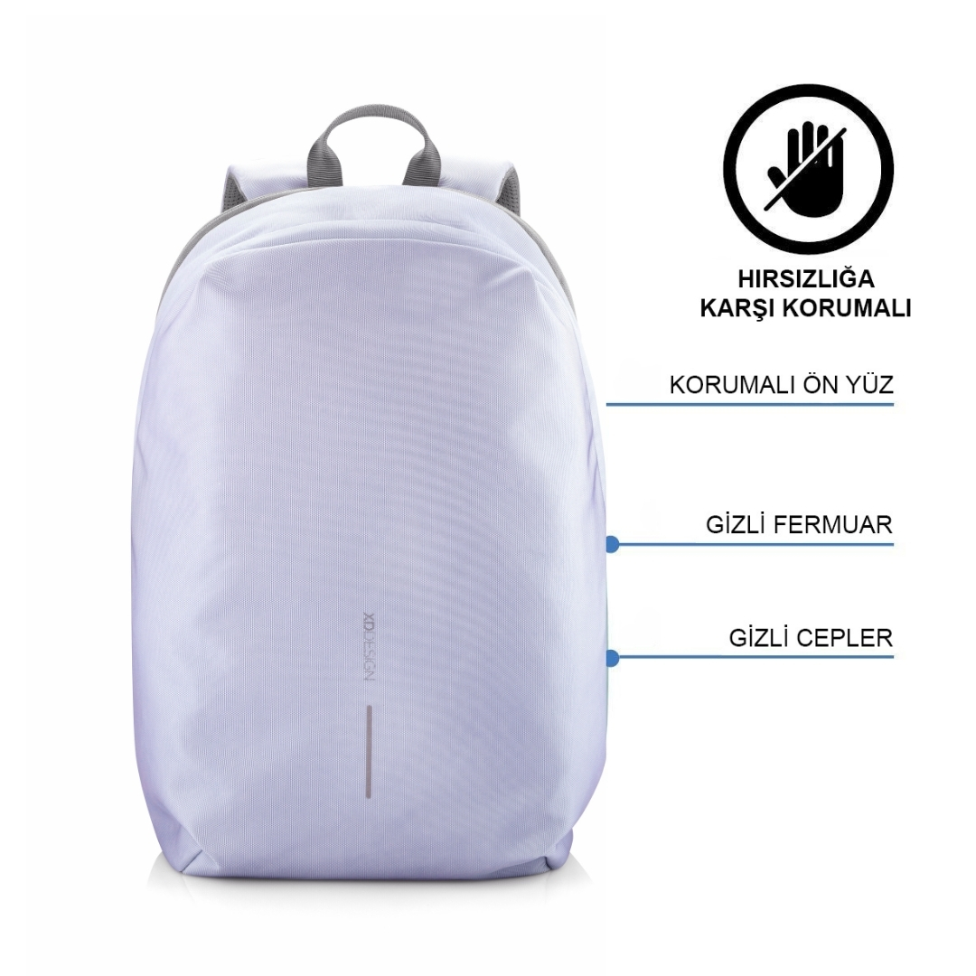 Hırsızlığa karşı koruma ve güvenli özelliklere sahip, minimalist tasarımlı beyaz bir sırt çantası.