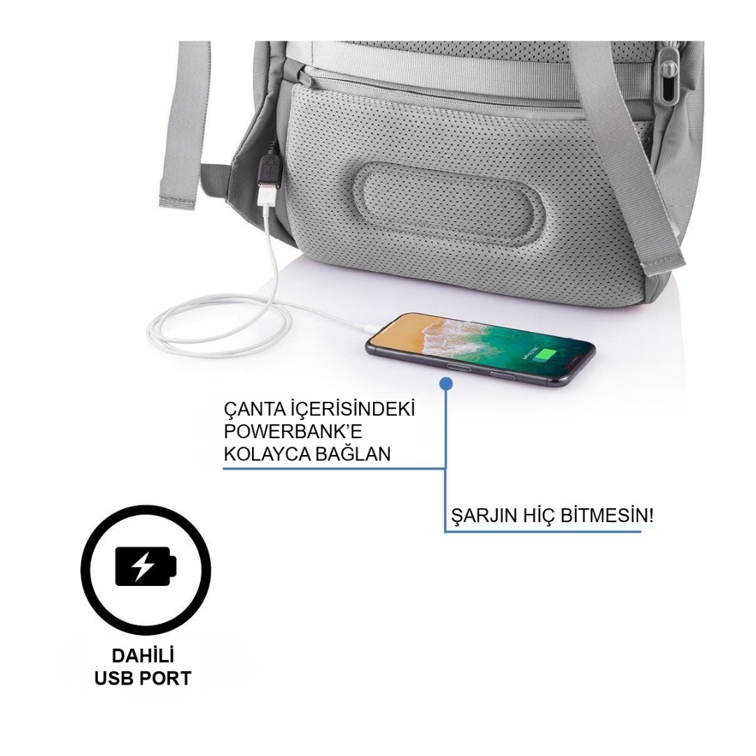 USB ile şarj olan telefonlu sırt çantası. Metin diyor ki: 'Powerbank'e kolayca bağlanır'.