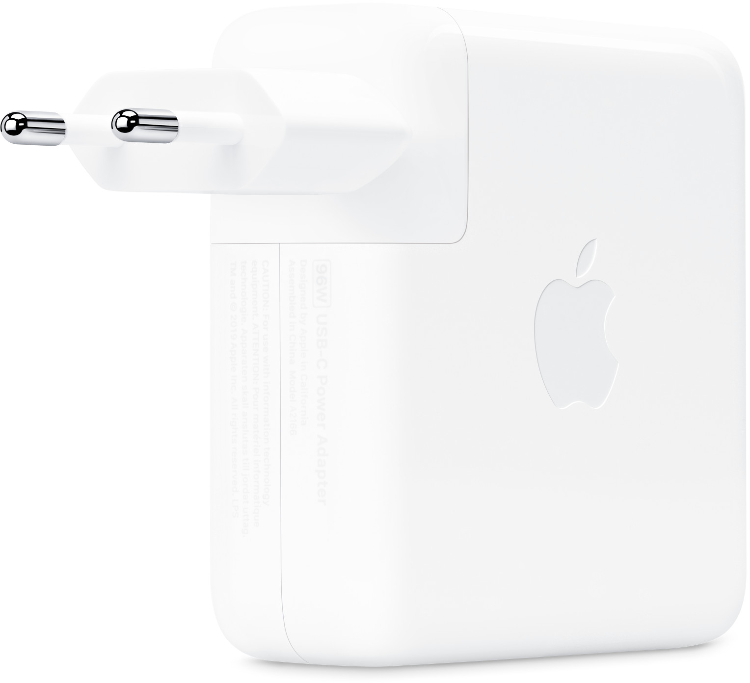 Fehér Apple töltő, felül dugóval és elöl Apple logóval.
