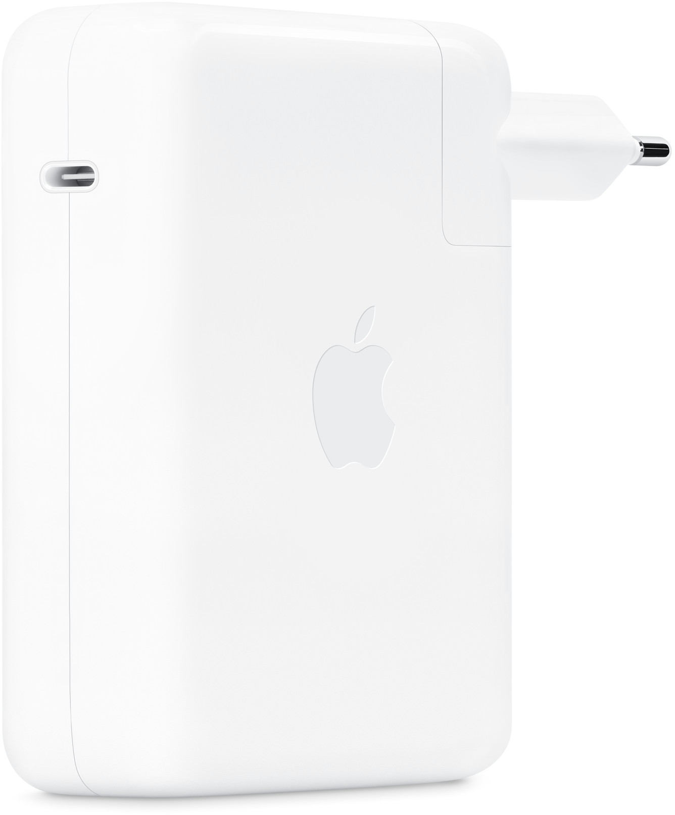 Egy fehér Apple töltő, Apple logóval és USB-C porttal.