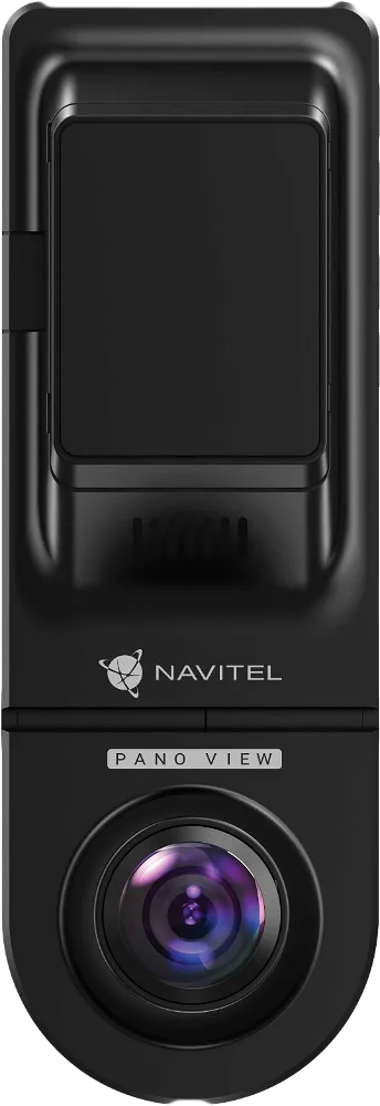 Fekete Navitel Pano View műszerfali kamera lencsével és képernyővel.