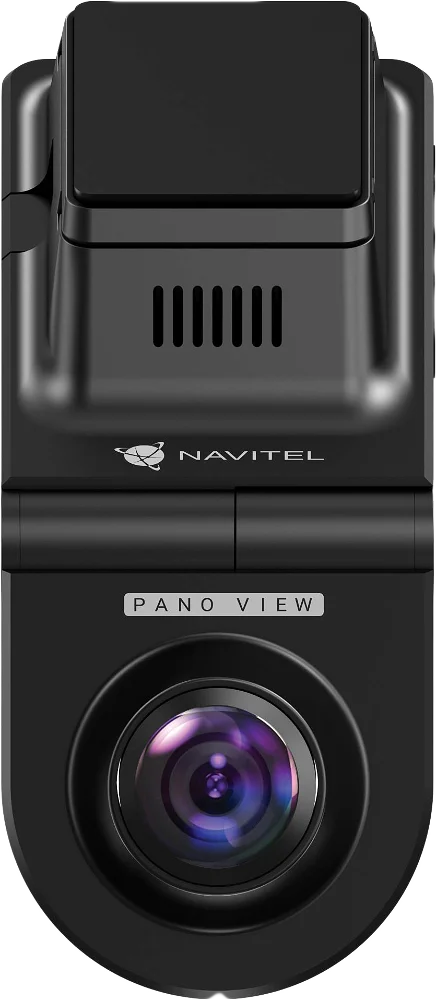 Fekete dashcam lencsével és képernyővel. A kamera fekete, Navitel logóval.