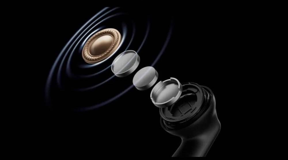 Widok rozstrzelony słuchawki dousznej pokazujący elementy wewnętrzne i fale dźwiękowe.