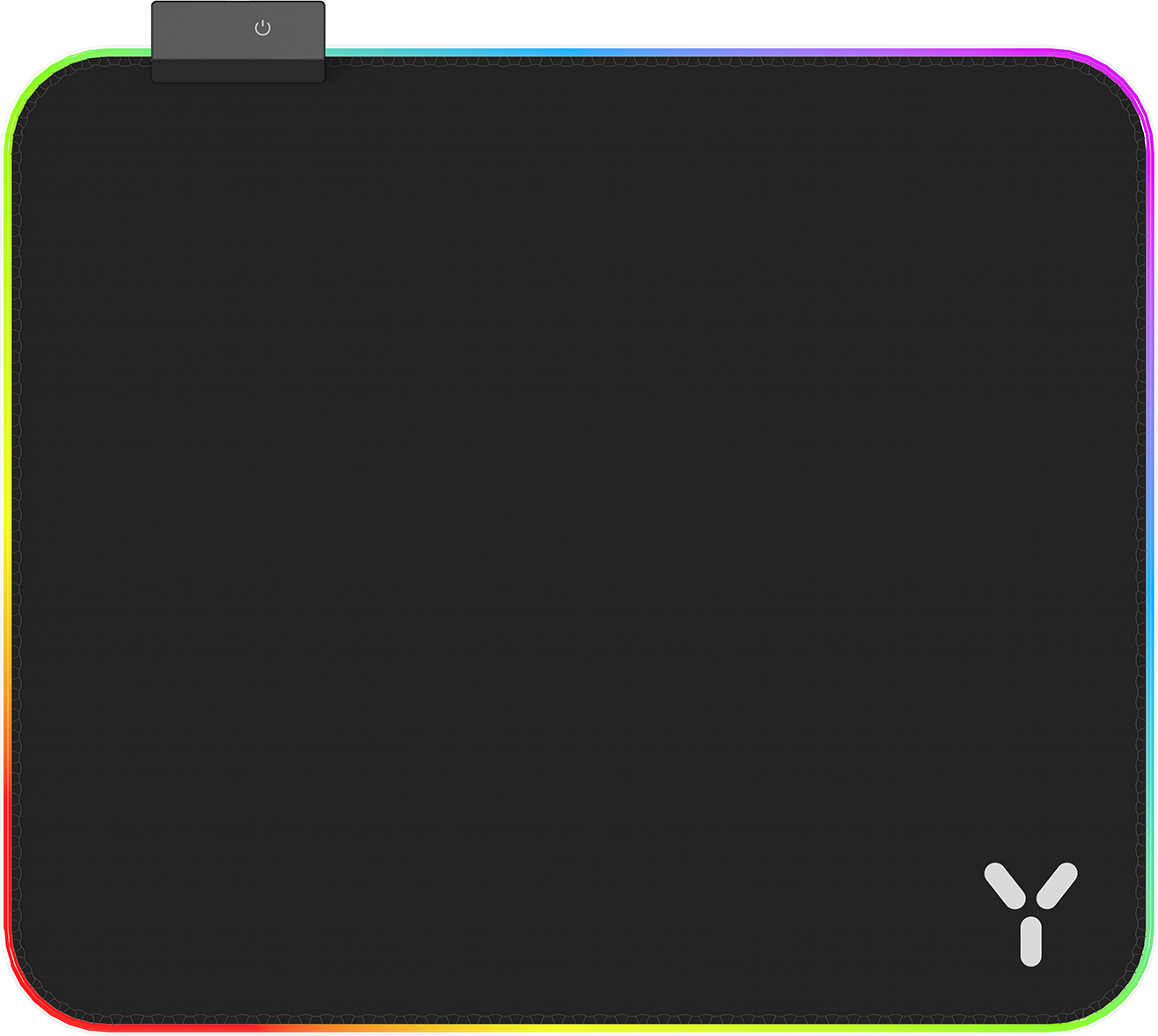 Un tapis de souris noir avec une bordure colorée et un bouton d'alimentation.