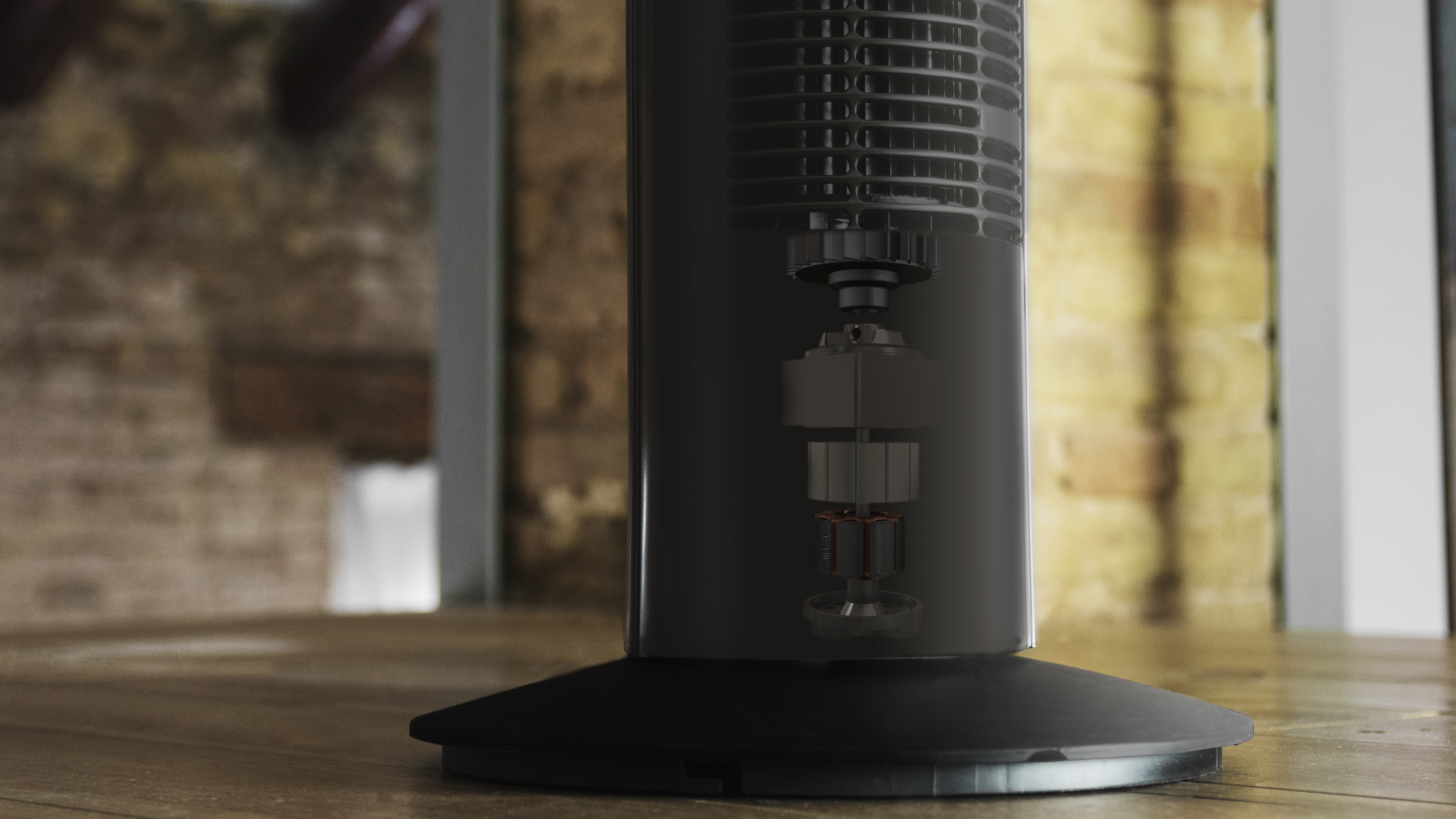 Un ventilador de torre negro con componentes internos visibles.
