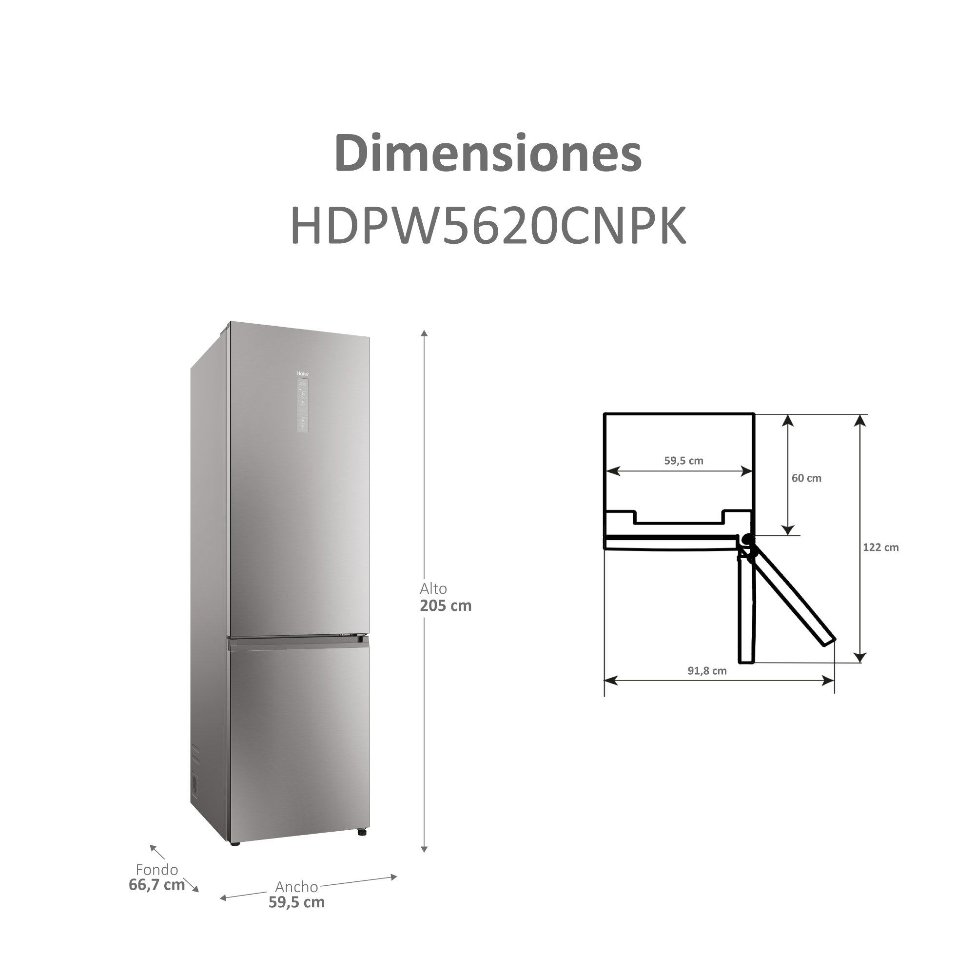Refrigerador plateado con diagrama de dimensiones. El diagrama muestra medidas de altura, ancho y profundidad.