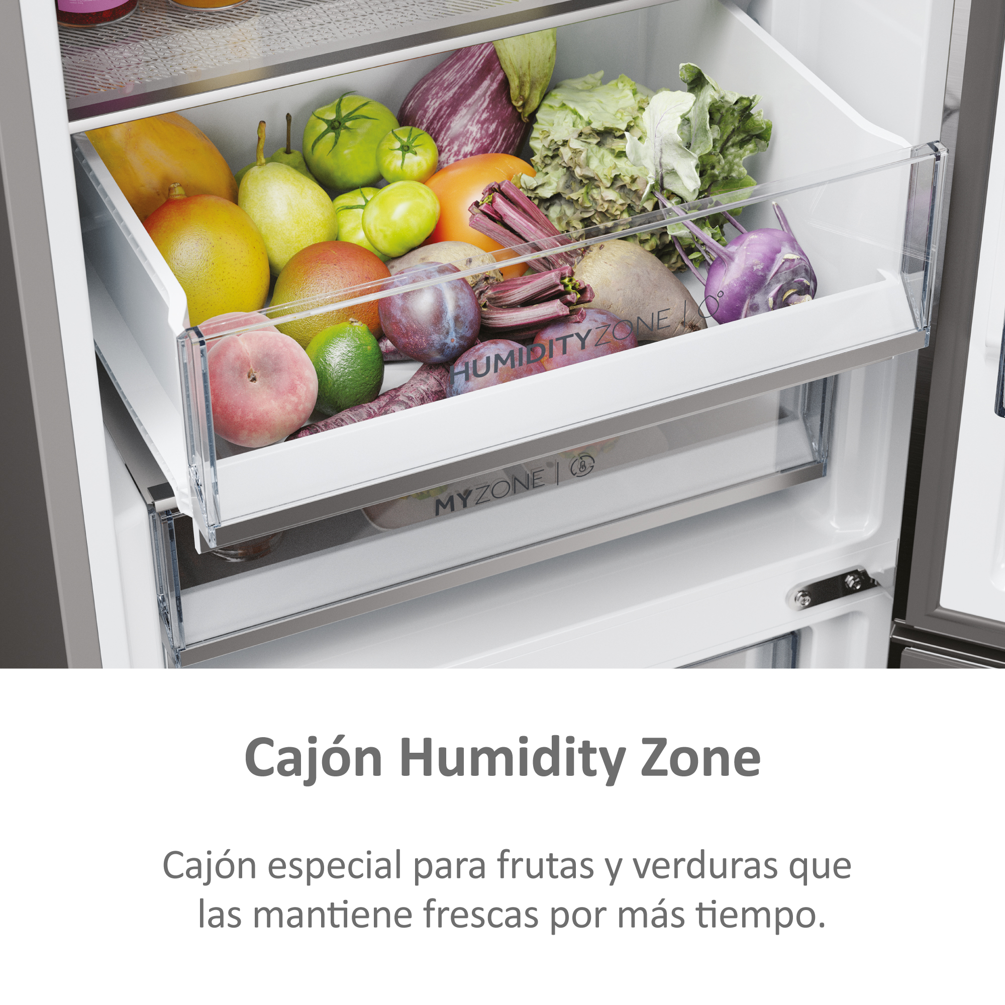 Cajón de nevera con frutas y verduras, texto 'Humidity Zone'.