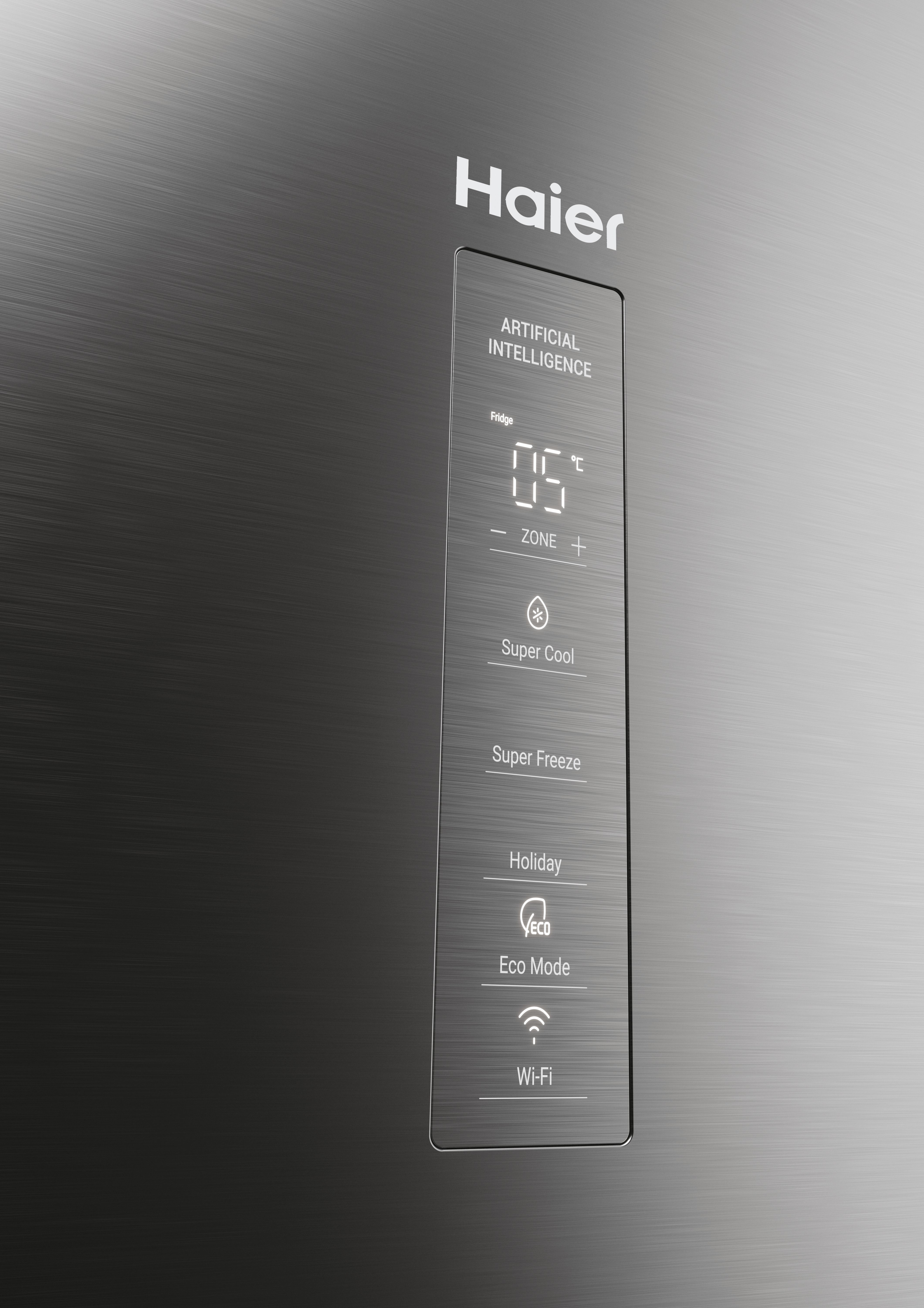 Panel de control del refrigerador Haier. Muestra la temperatura y varias opciones de función.