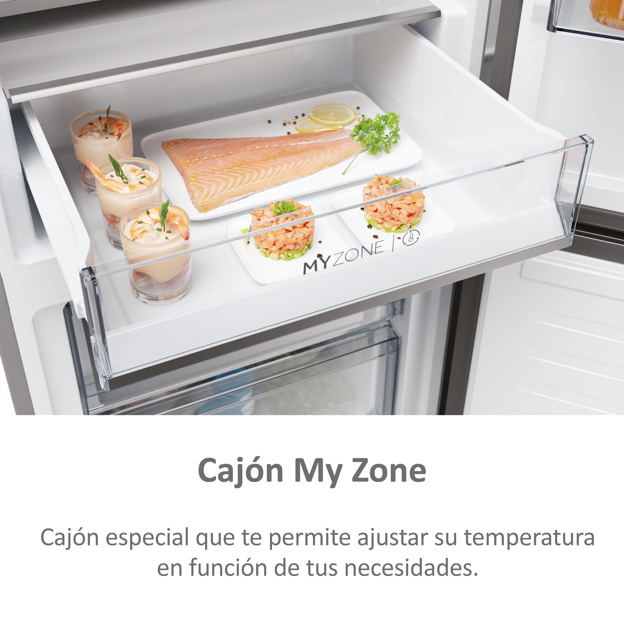 Cajón de nevera con comida: cócteles de camarones, salmón, perejil y tartar. Texto: My Zone.