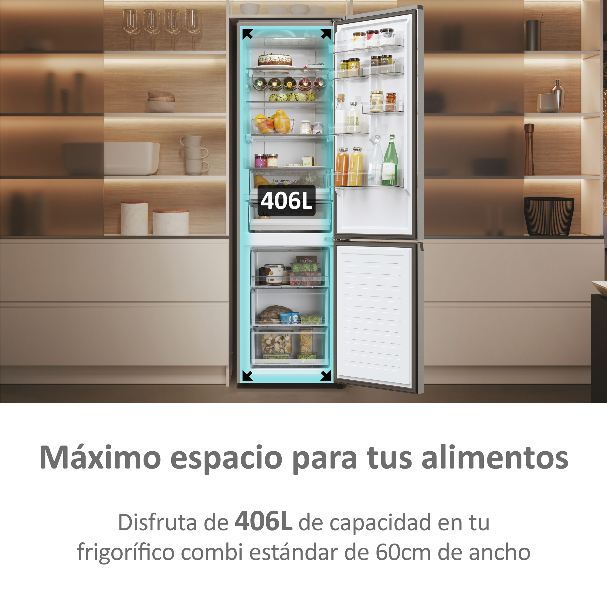 Un refrigerador con puertas abiertas, mostrando alimentos en el interior. El texto indica gran capacidad.
