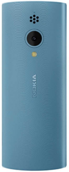 Niebieski telefon Nokia. Z tyłu ma aparat i lampę błyskową. Poniżej napis Nokia.