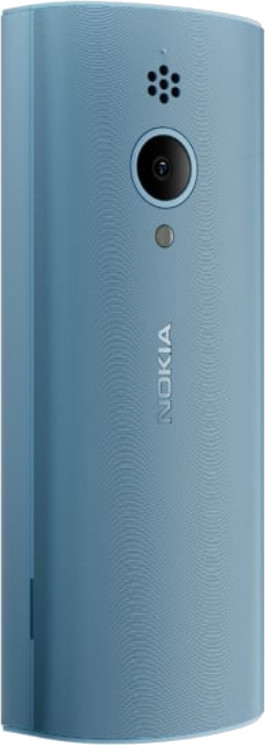 Jasnoniebieski telefon z aparatem, lampą błyskową i logo Nokia.