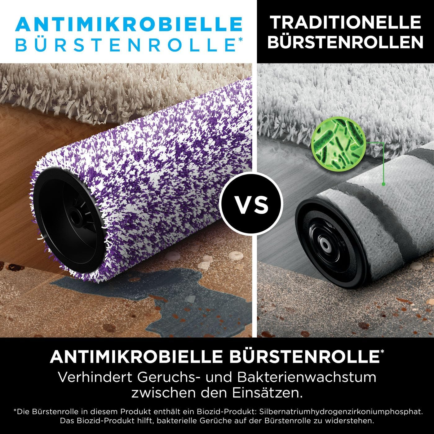 Comparaison de deux rouleaux de brosse d'aspirateur : antimicrobien vs. traditionnel.