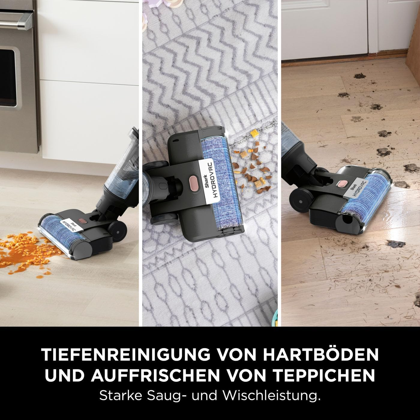 Aspirateur nettoyant un sol. Trois panneaux montrent l'aspirateur en action sur différentes surfaces.