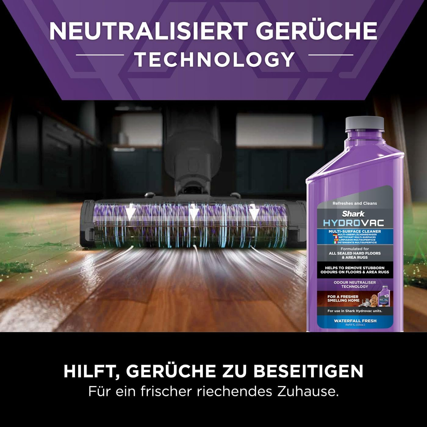 Un produit de nettoyage et une tête d'aspirateur. Le texte indique : Neutralise les odeurs. Pour une maison plus fraîche.