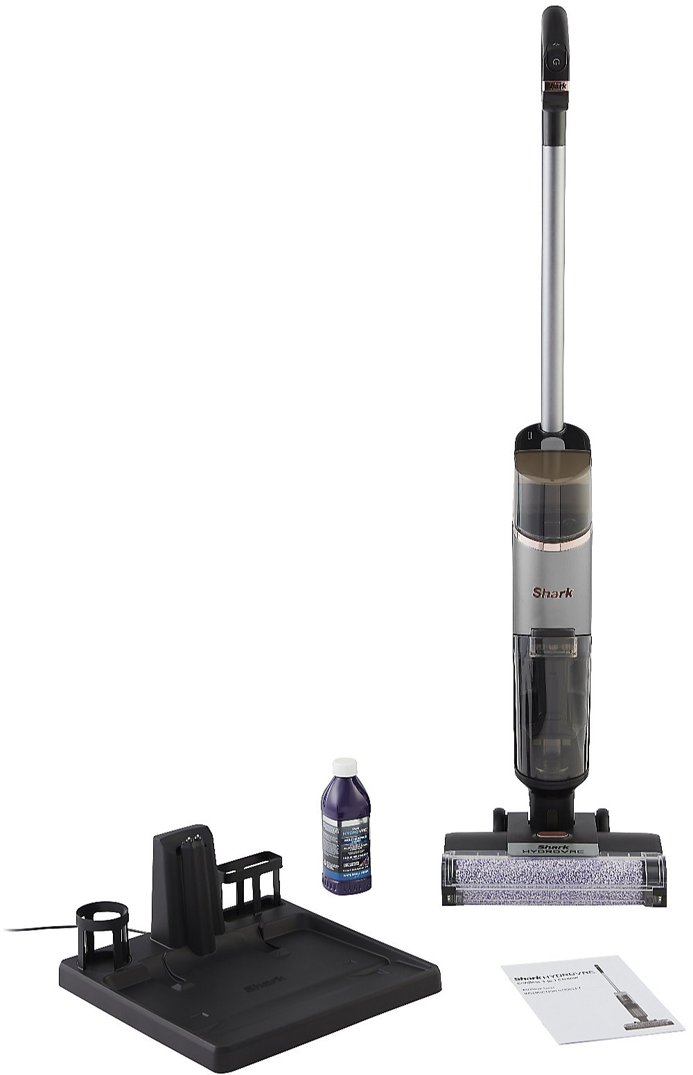Aspirateur Shark avec accessoires, dont une base de chargement et une solution de nettoyage.