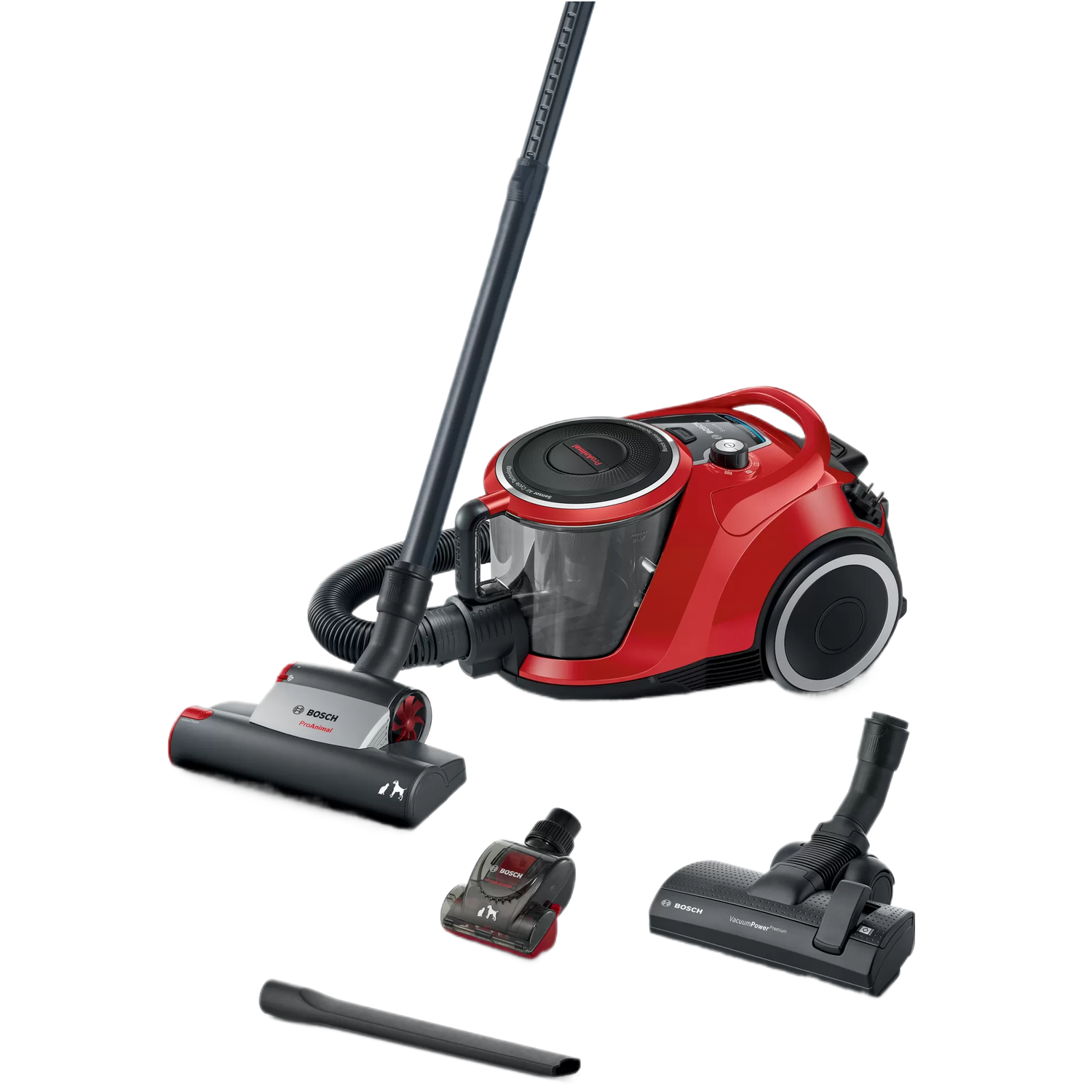 Rode Bosch stofzuiger met meerdere hulpstukken, borstel en kierenzuiger.