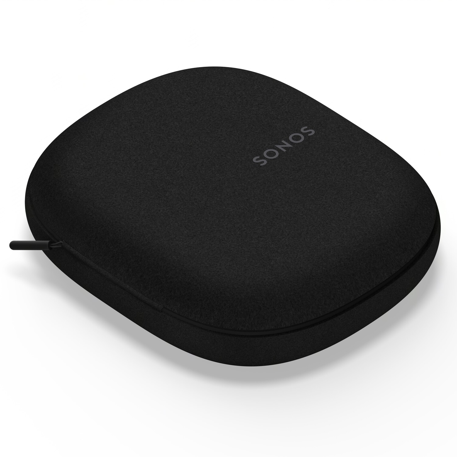 A black, oval-shaped case with the word 'SONOS' is on a white surface.
