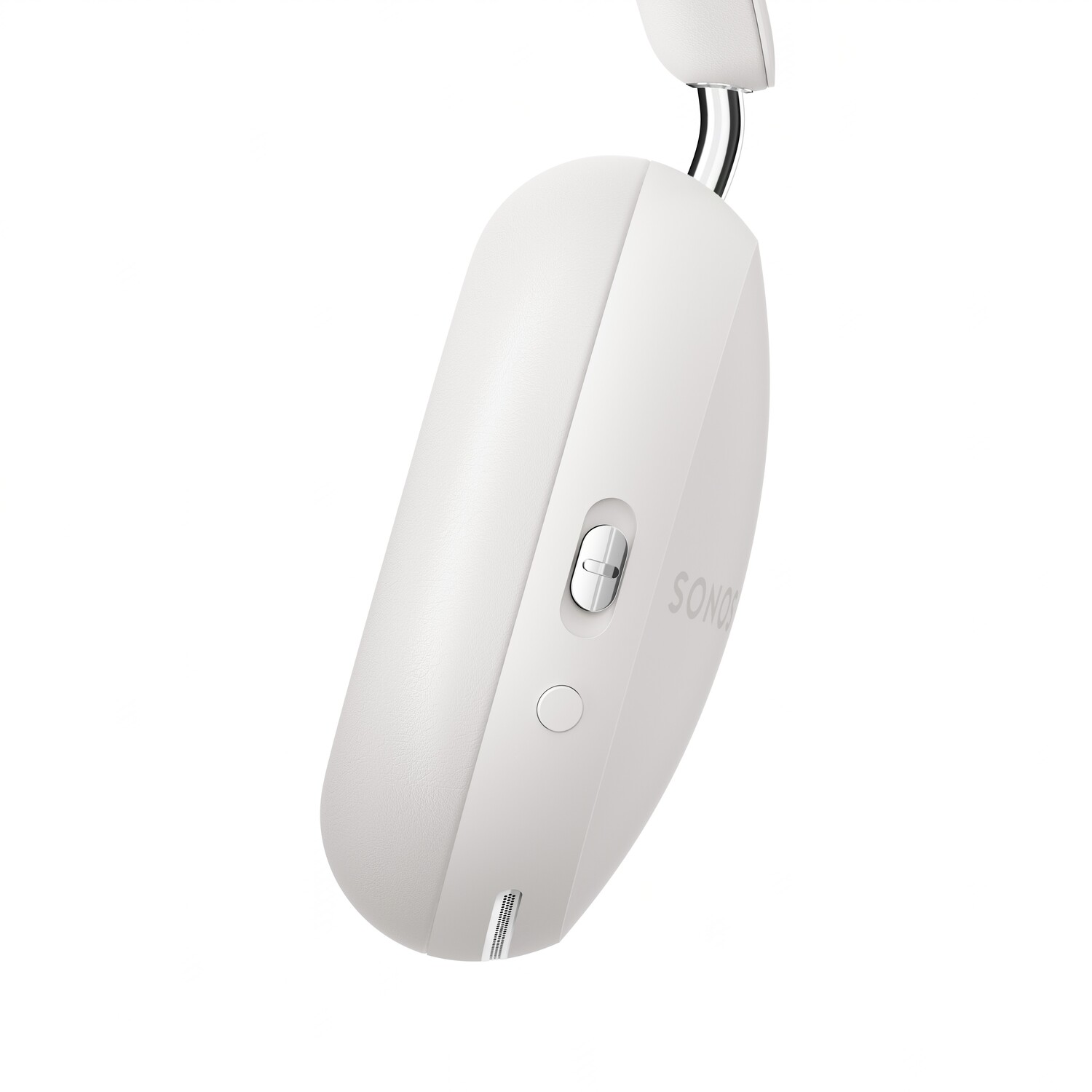 White, oval-shaped headphones. They have a silver button and the word SONOS on the side. White background.