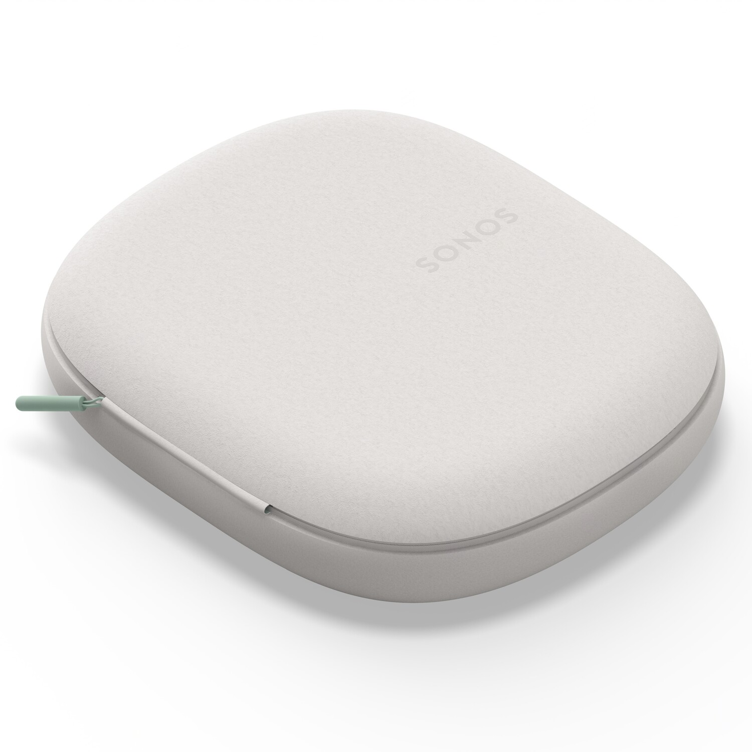 Sonos speaker case, white with a green zipper. The case is oval shaped and sits on a white background.