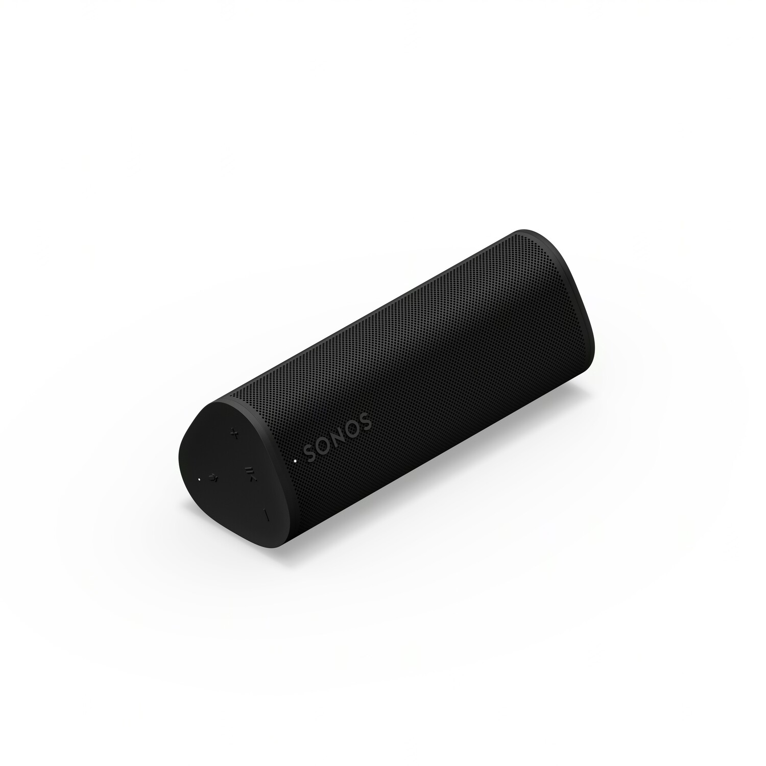 Zwarte cilindrische Sonos-luidspreker op witte achtergrond. Eenvoudige bediening en Sonos-logo.