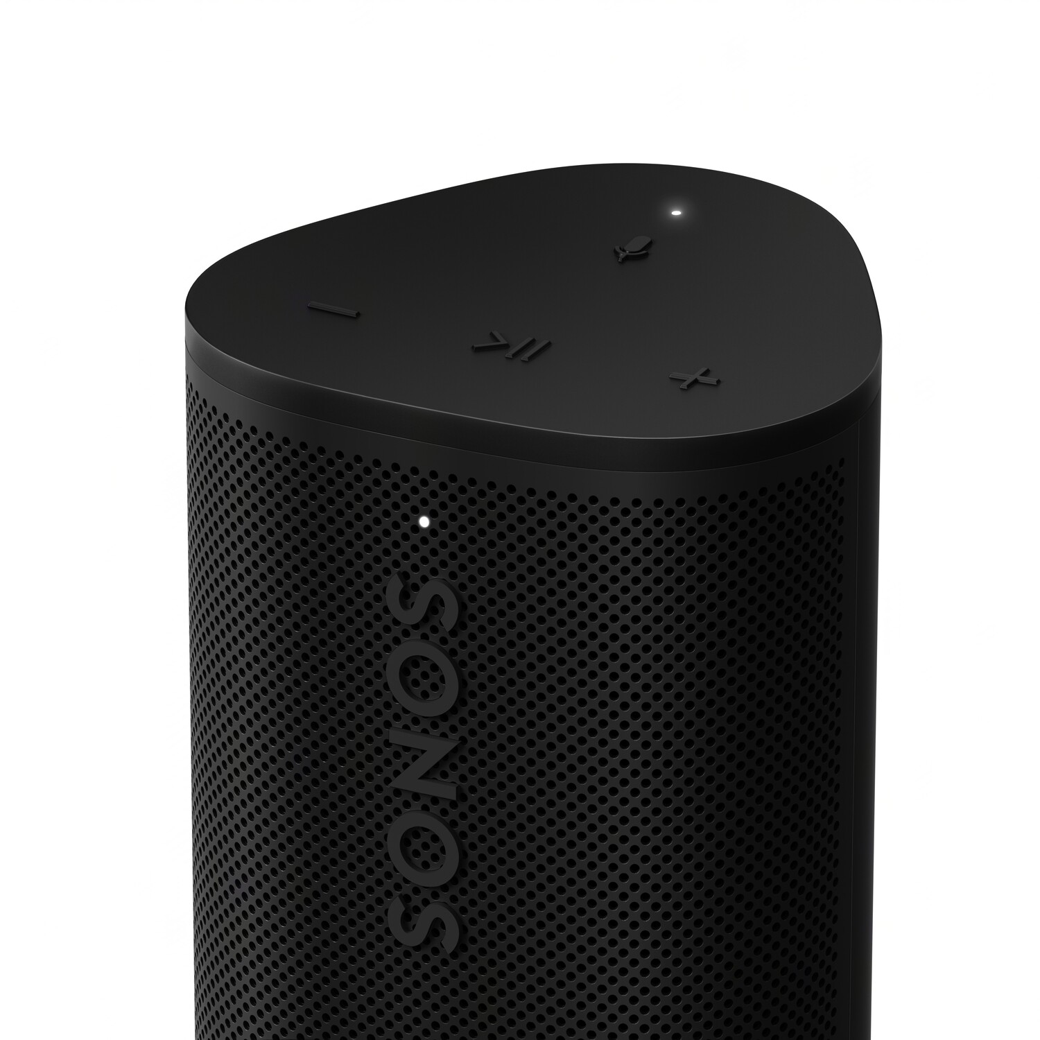 Zwarte luidspreker met een afgeronde bovenkant, met het Sonos-logo en bedieningsknoppen. Wit licht is aan.