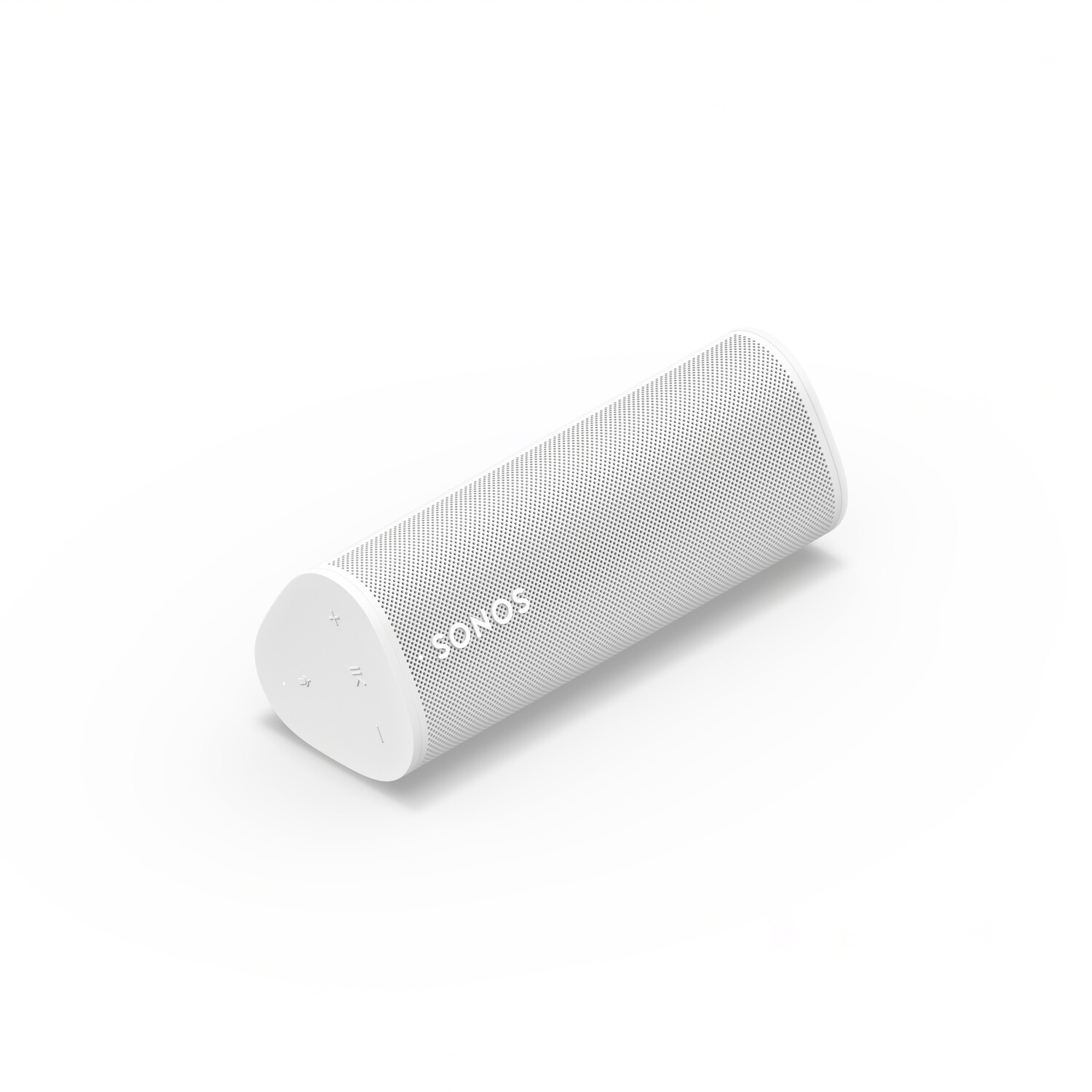 A white cylindrical speaker with a perforated surface and the Sonos logo.