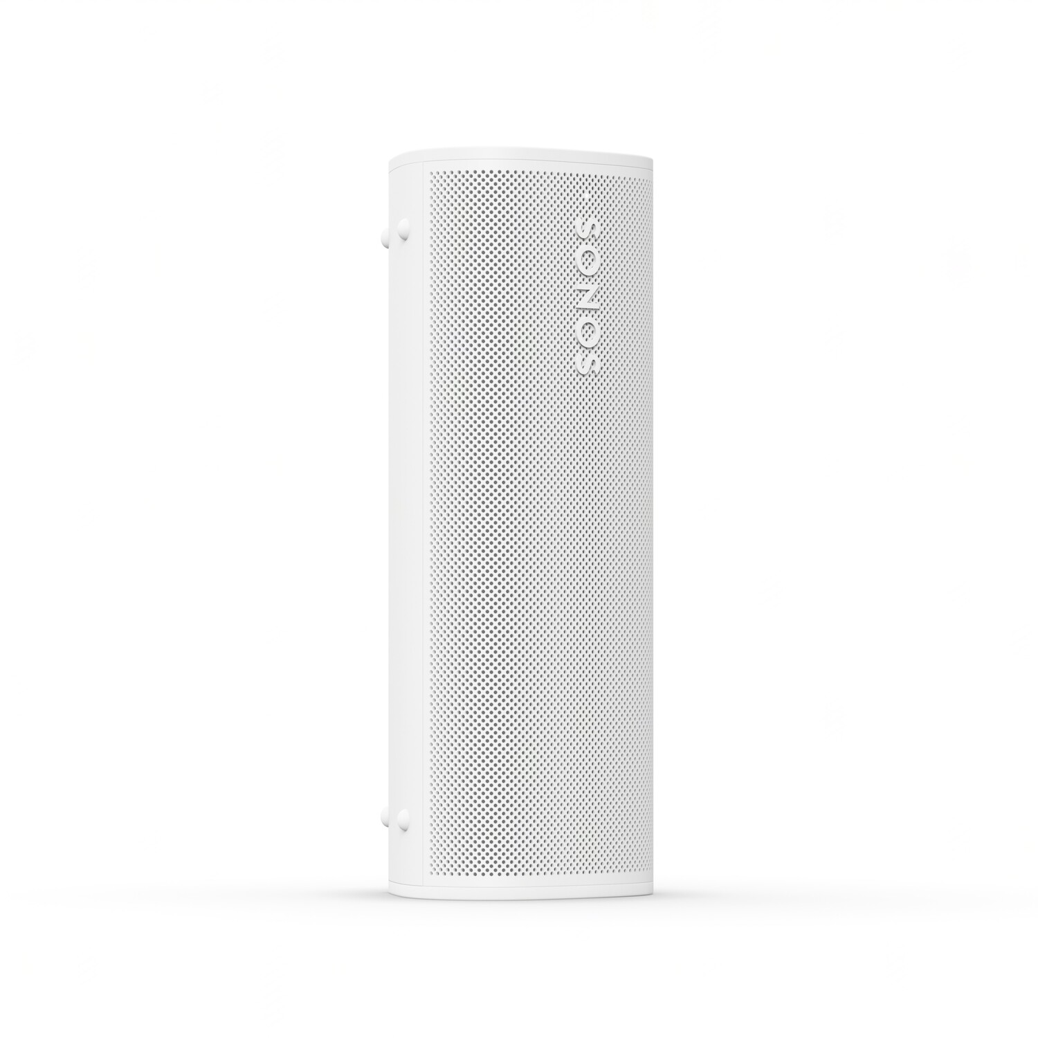 A white cylindrical speaker stands upright. It has a perforated surface and the word 'SONOS' is visible.