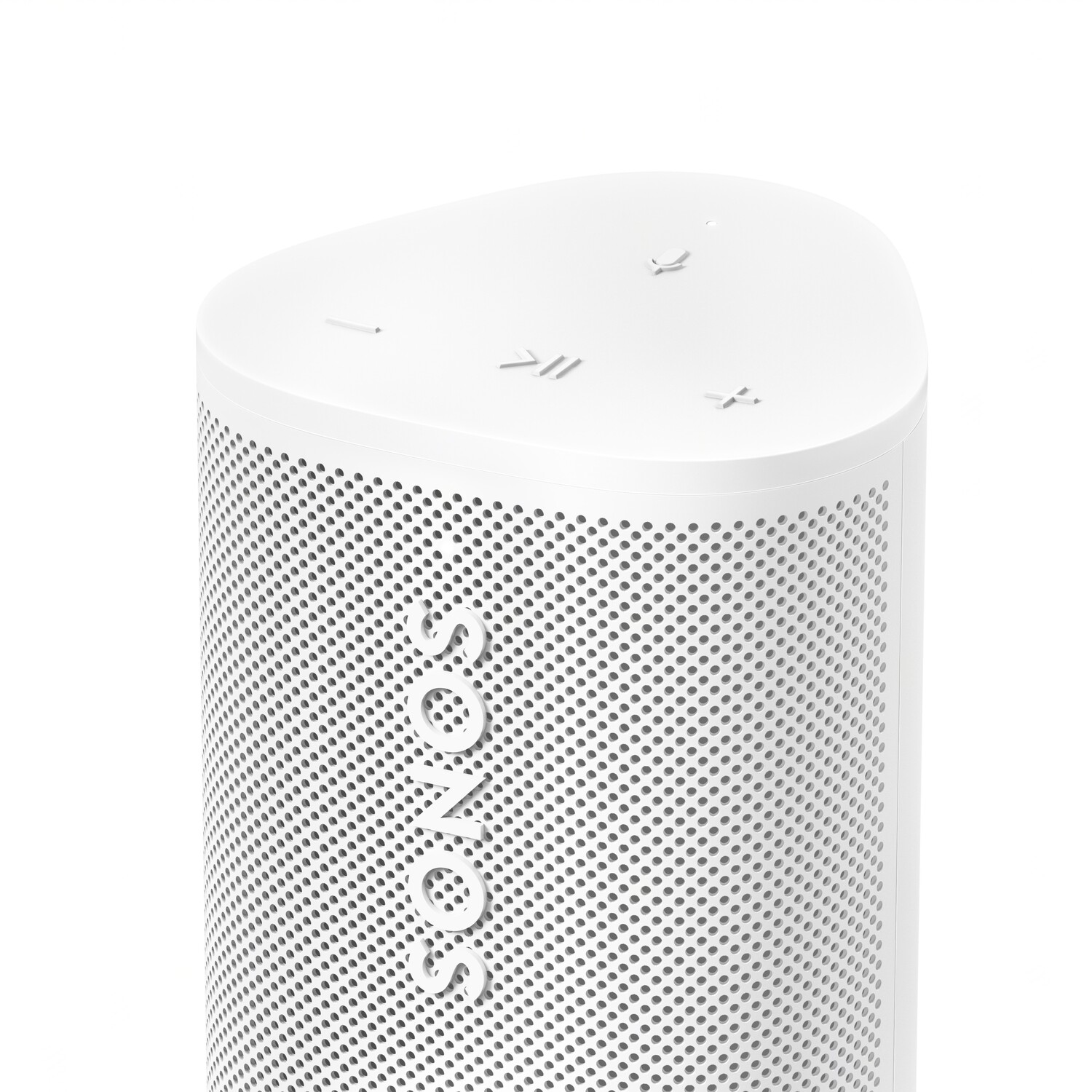 White Sonos speaker, cylindrical shape, perforated design, top view.