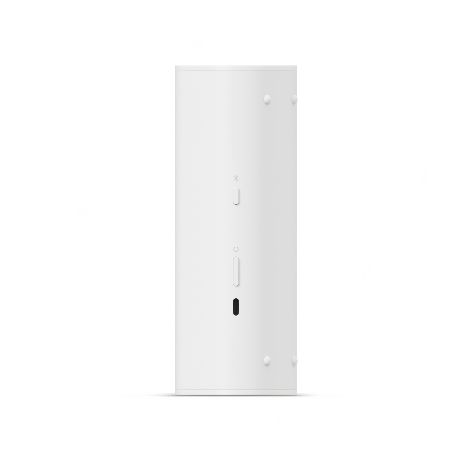 A white speaker with buttons and a charging port.