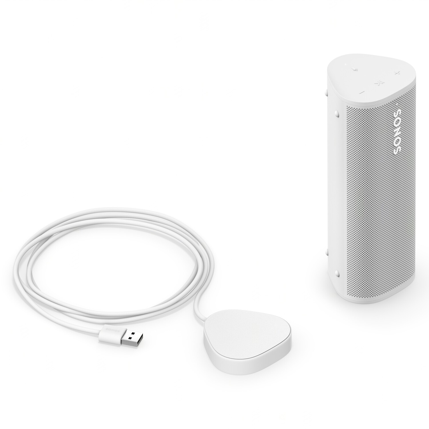 White Sonos speaker and charging base with cable.