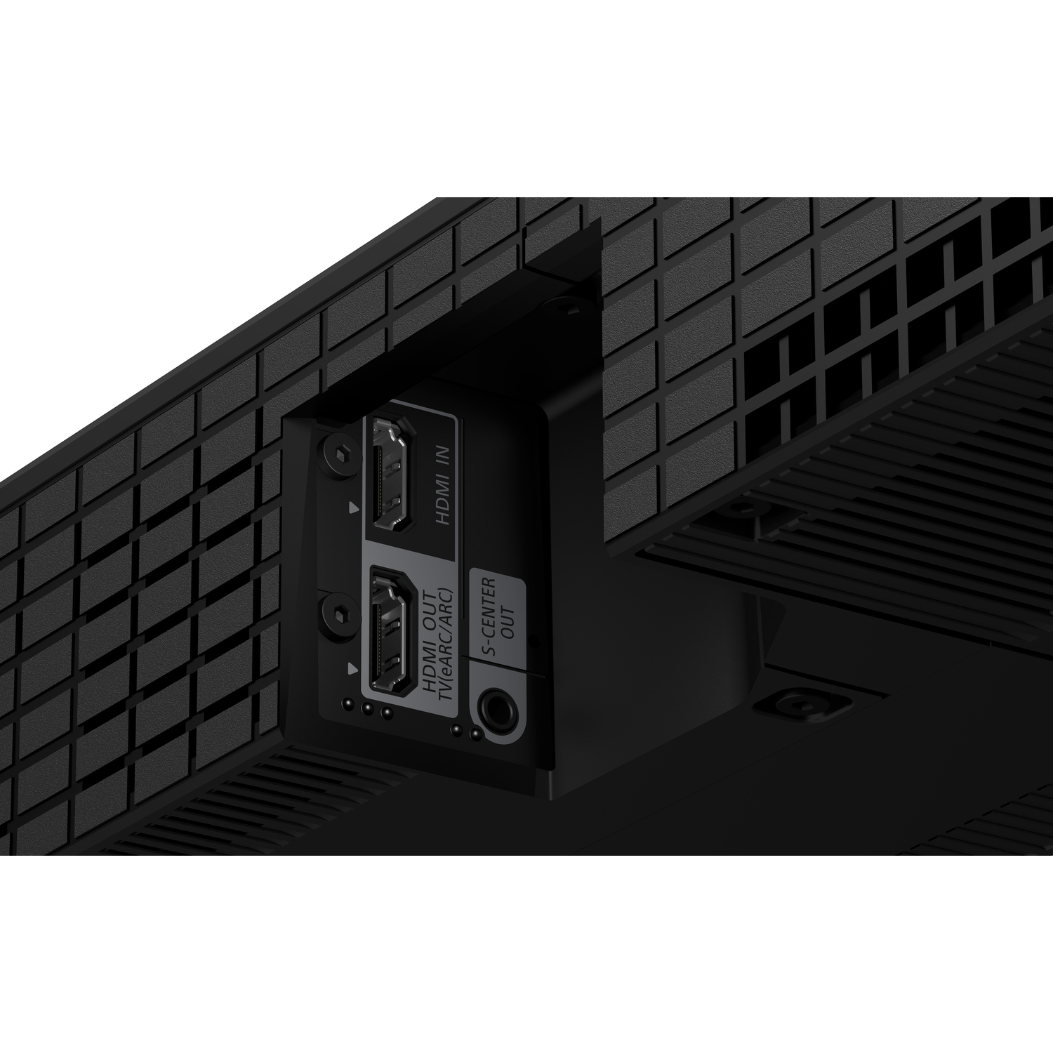 Gros plan de l'arrière d'un téléviseur noir avec ports HDMI et S-CENTER OUT.