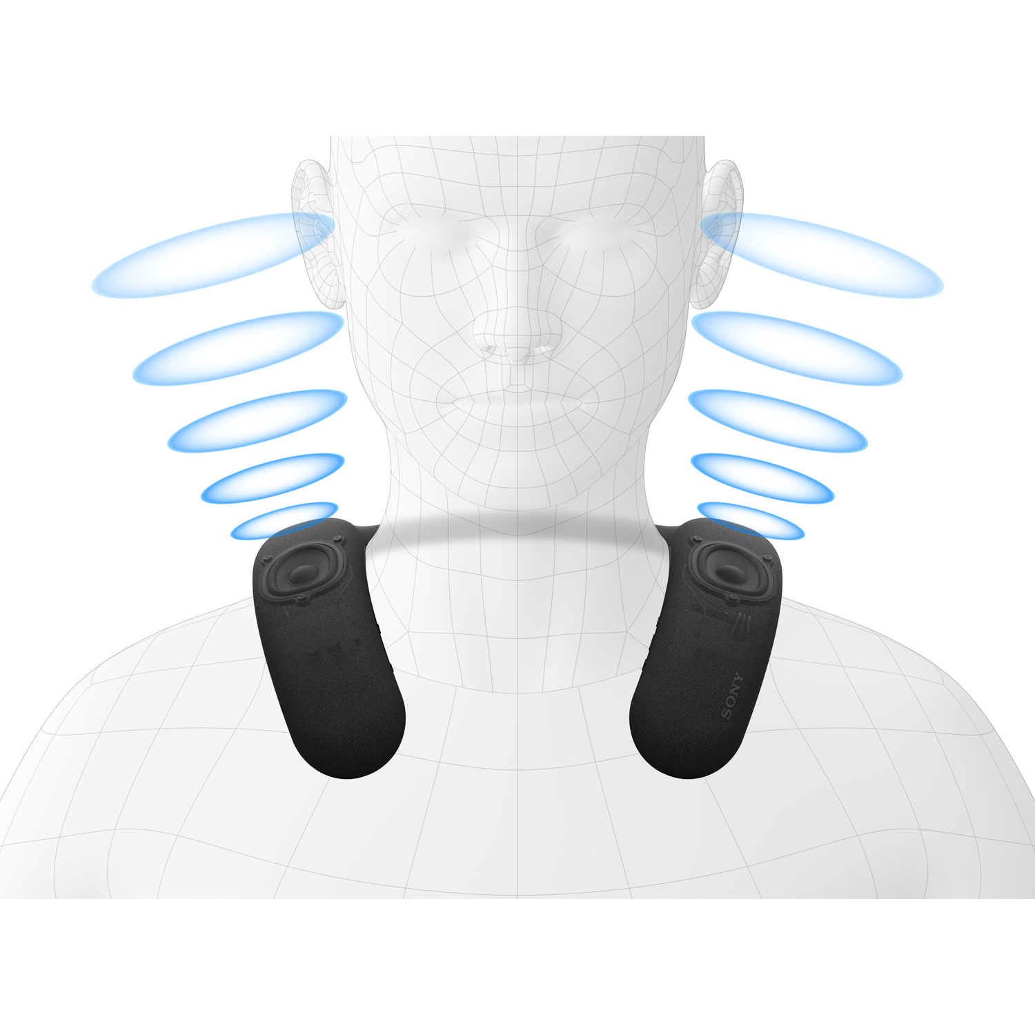 Haut du corps d'une personne avec une enceinte de cou noire. Des ondes sonores bleues émanent de l'enceinte.