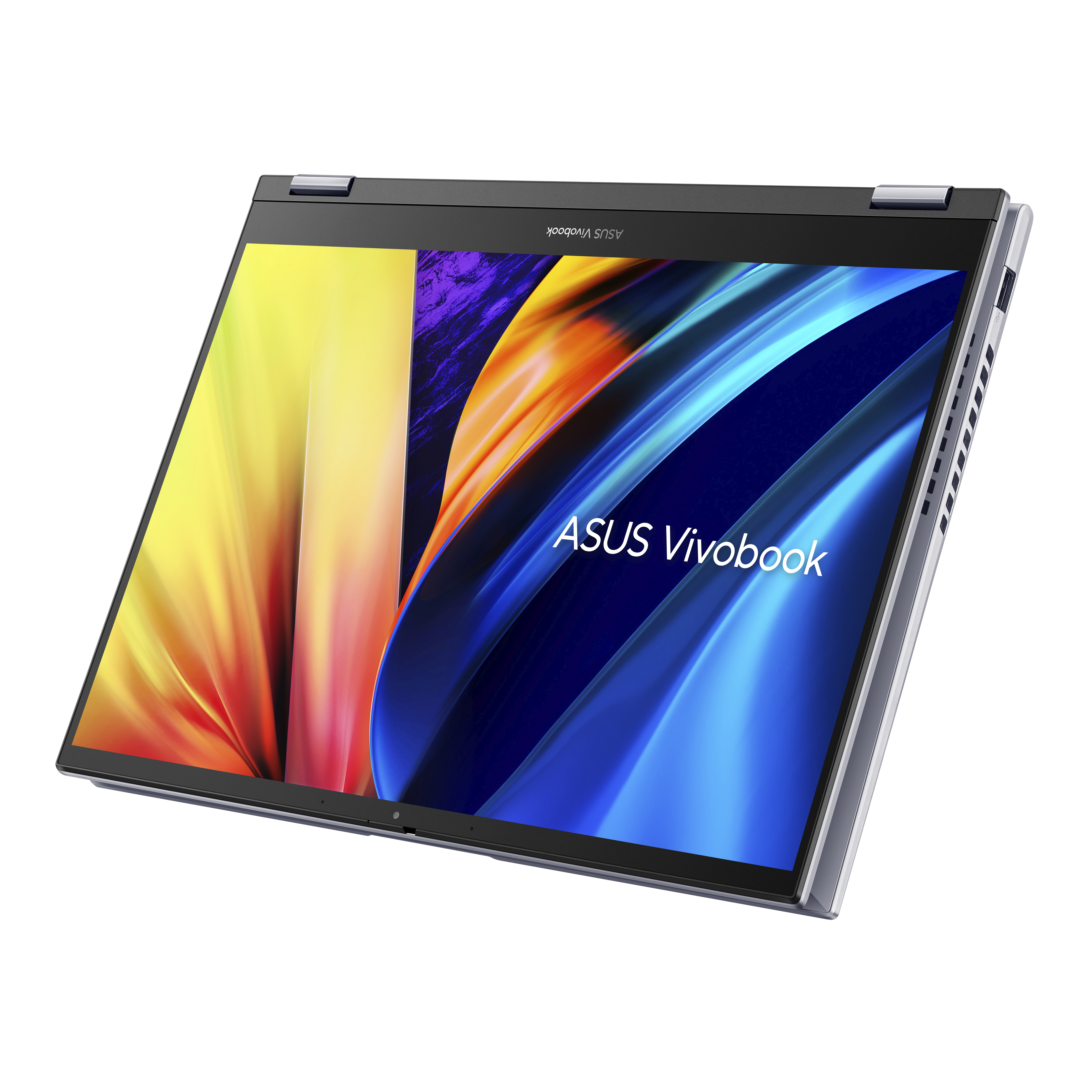 Pantalla de portátil abierta, con una visualización colorida. El ASUS Vivobook se muestra sobre fondo blanco.