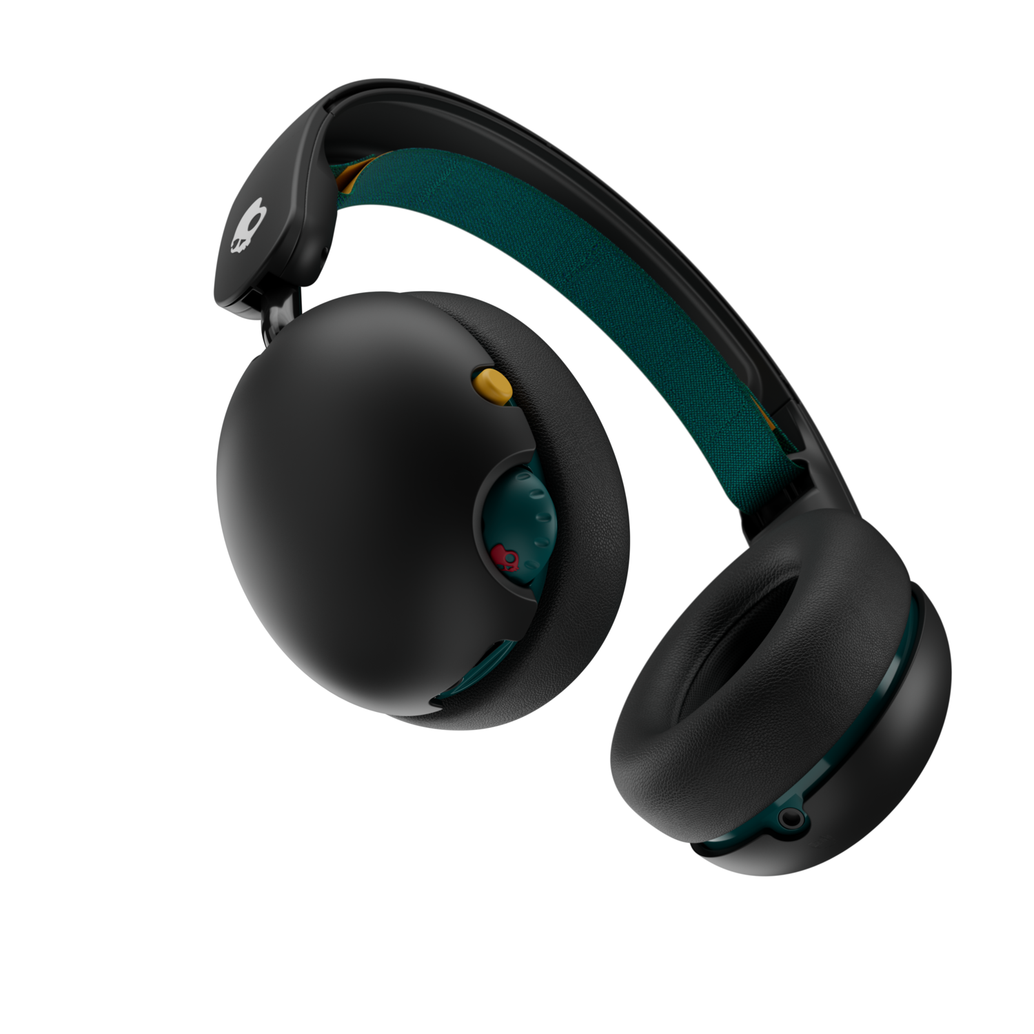 Black headphones with a green and yellow band. The earcups are black and angled.