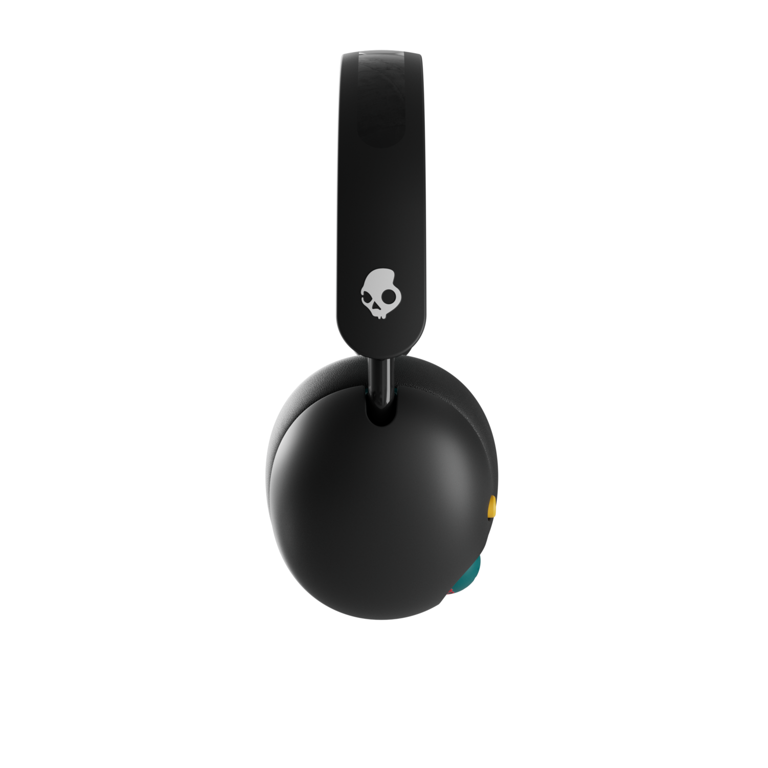 Black Skullcandy headphones, viewed from the side, with a skull logo on the headband on a black backdrop.