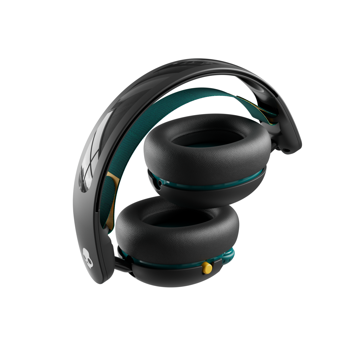 Black headphones folded, with green and yellow accents, against a black background.