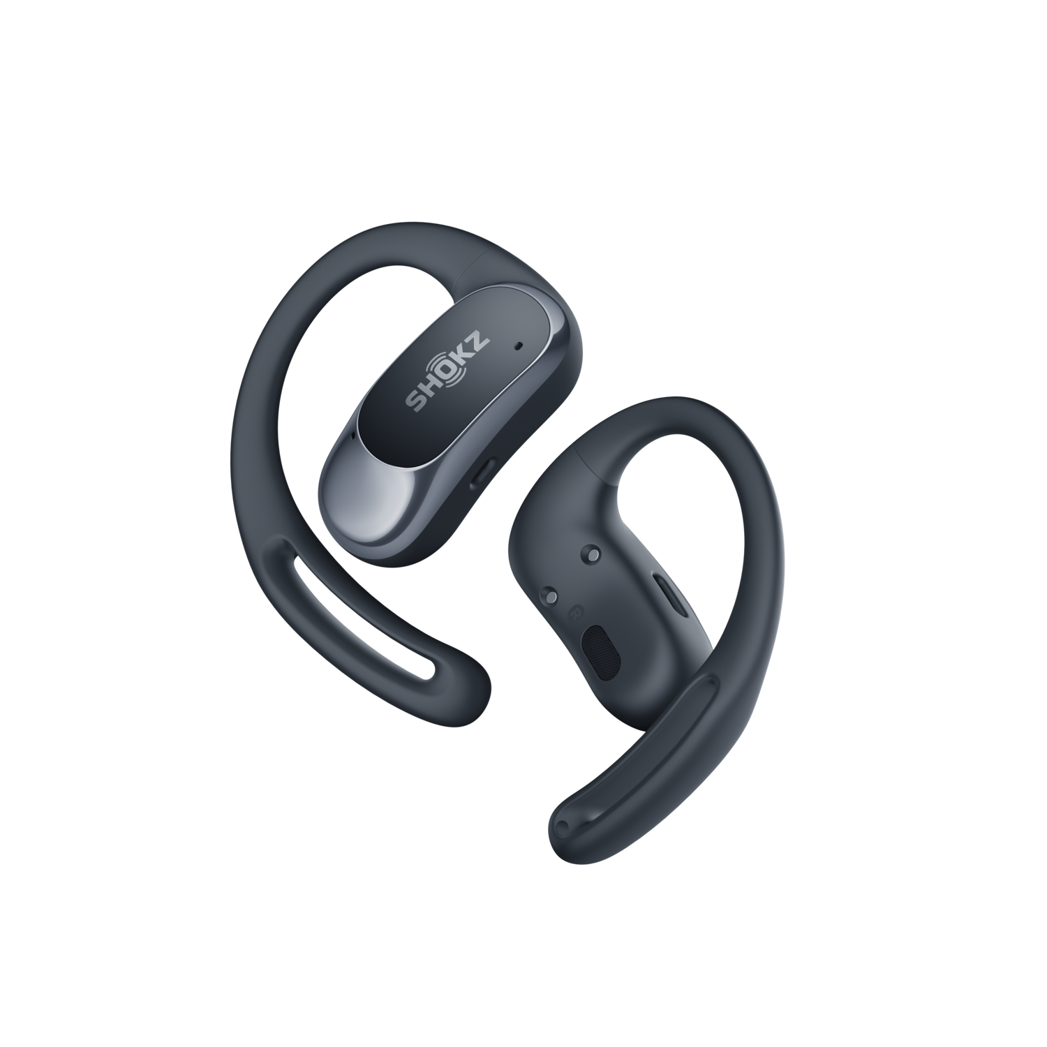 Gray SHOKZ wireless sport earbuds on black background. Over-ear design, visible.