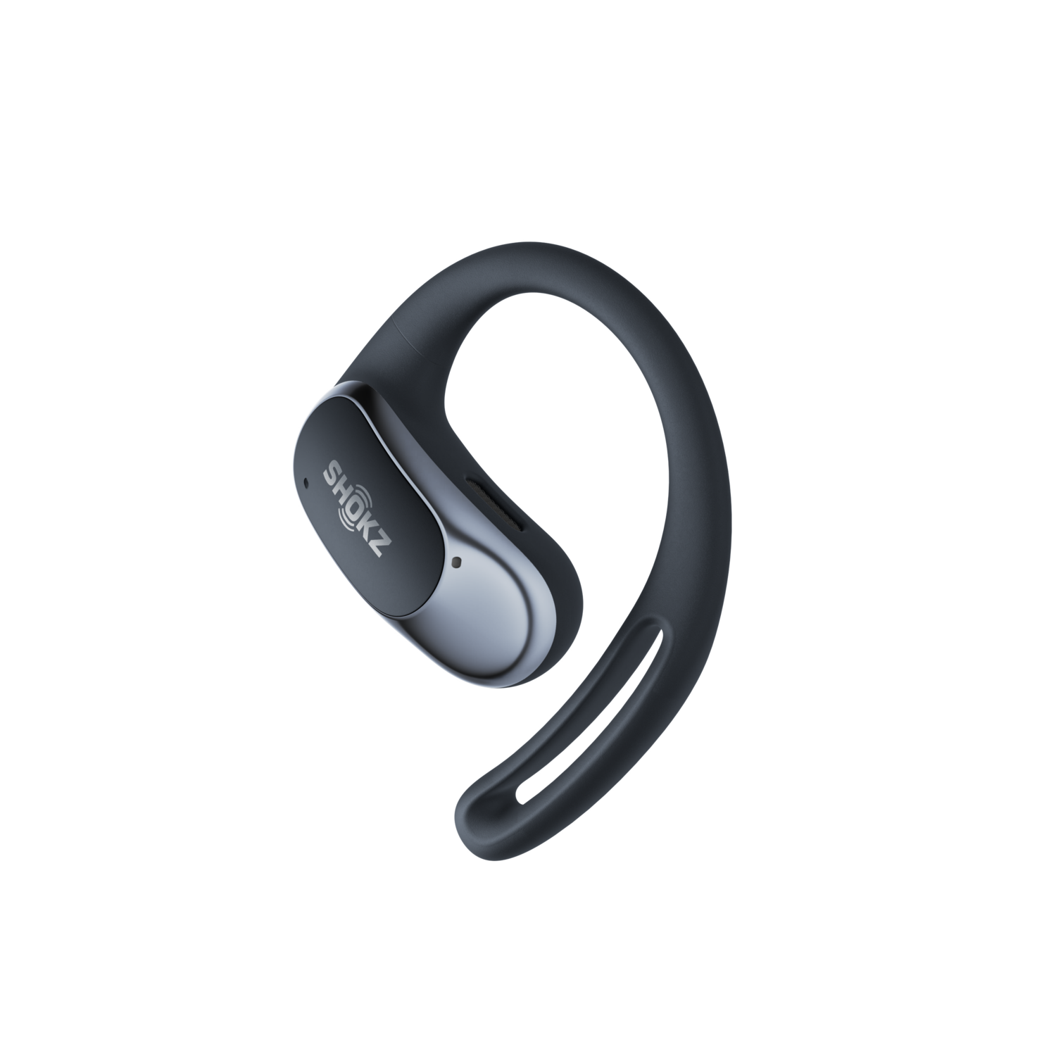 Black and silver Shokz open-ear headphones on a black background.