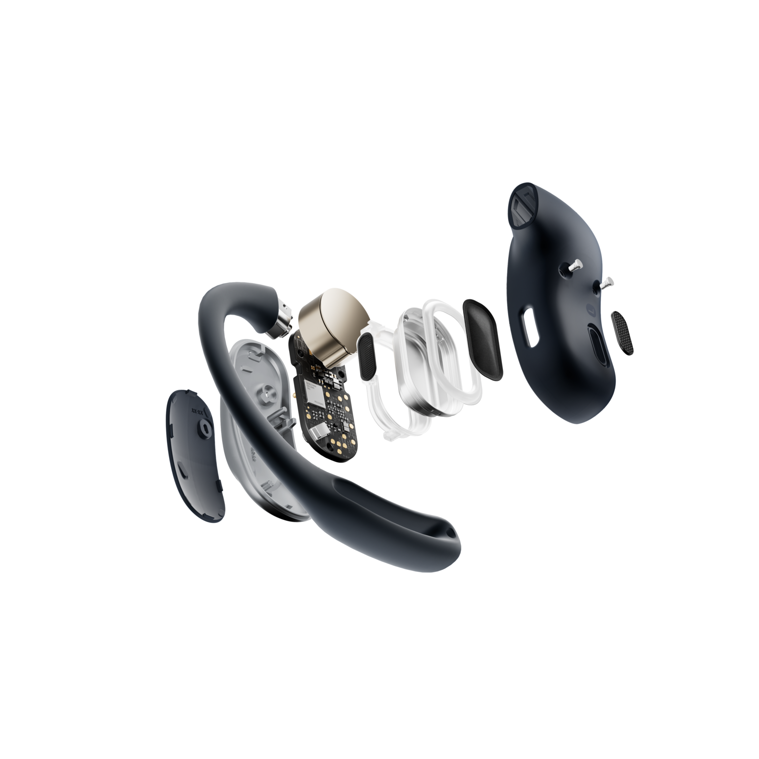 An exploded view of a black hearing aid. Components include a battery, circuit board, and outer shell.