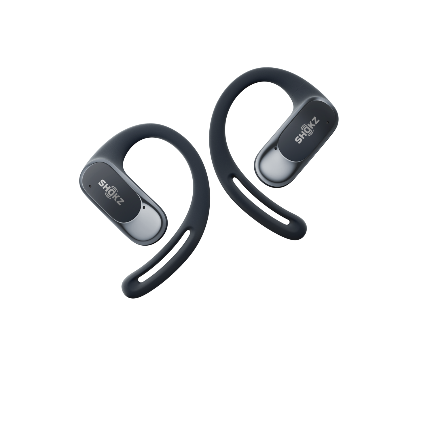 Two dark gray Shokz wireless headphones, with silver details and logo.
