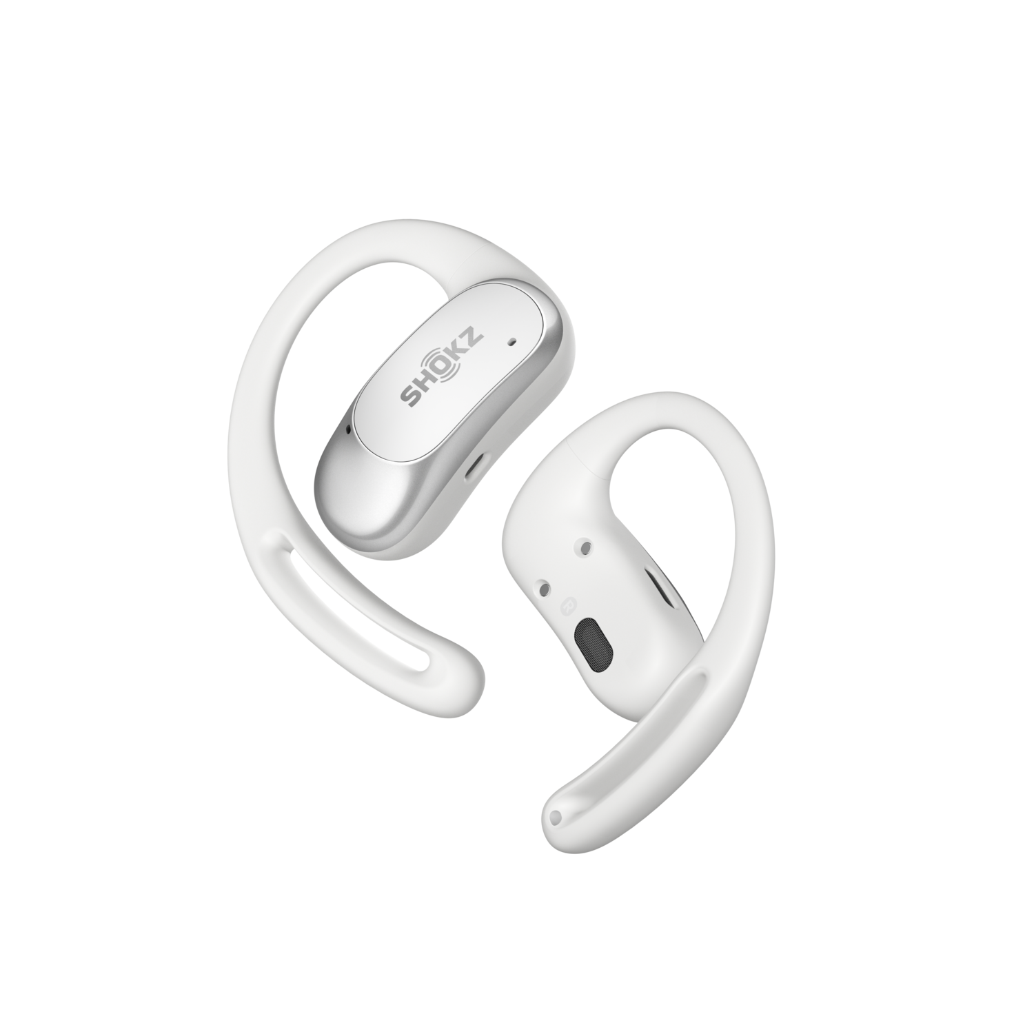 White, ear-hook style headphones on a black background. The brand name SHOKZ is visible.