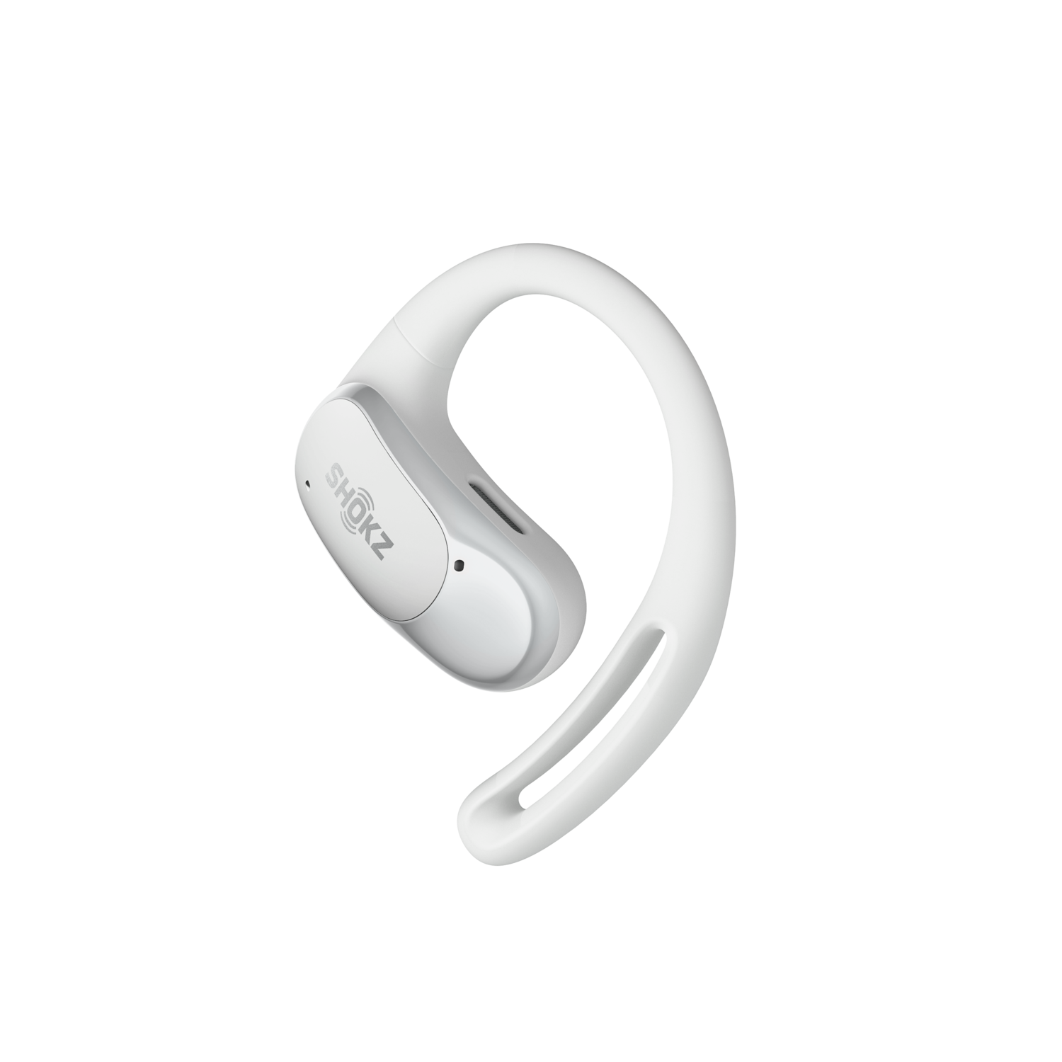 White Shokz headphones, designed to hook around the ear.