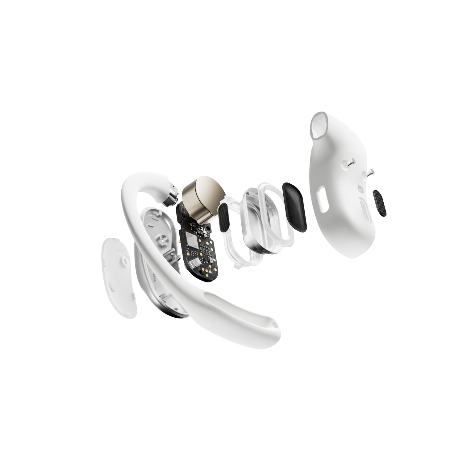 Exploded view of a white hearing aid, showing internal components.