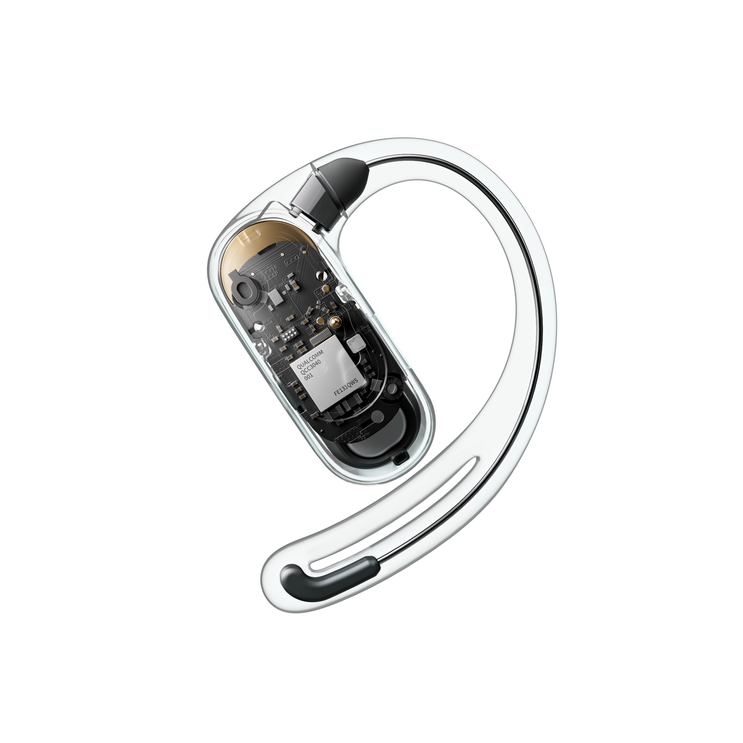 A transparent earbud with internal components visible against a black background.