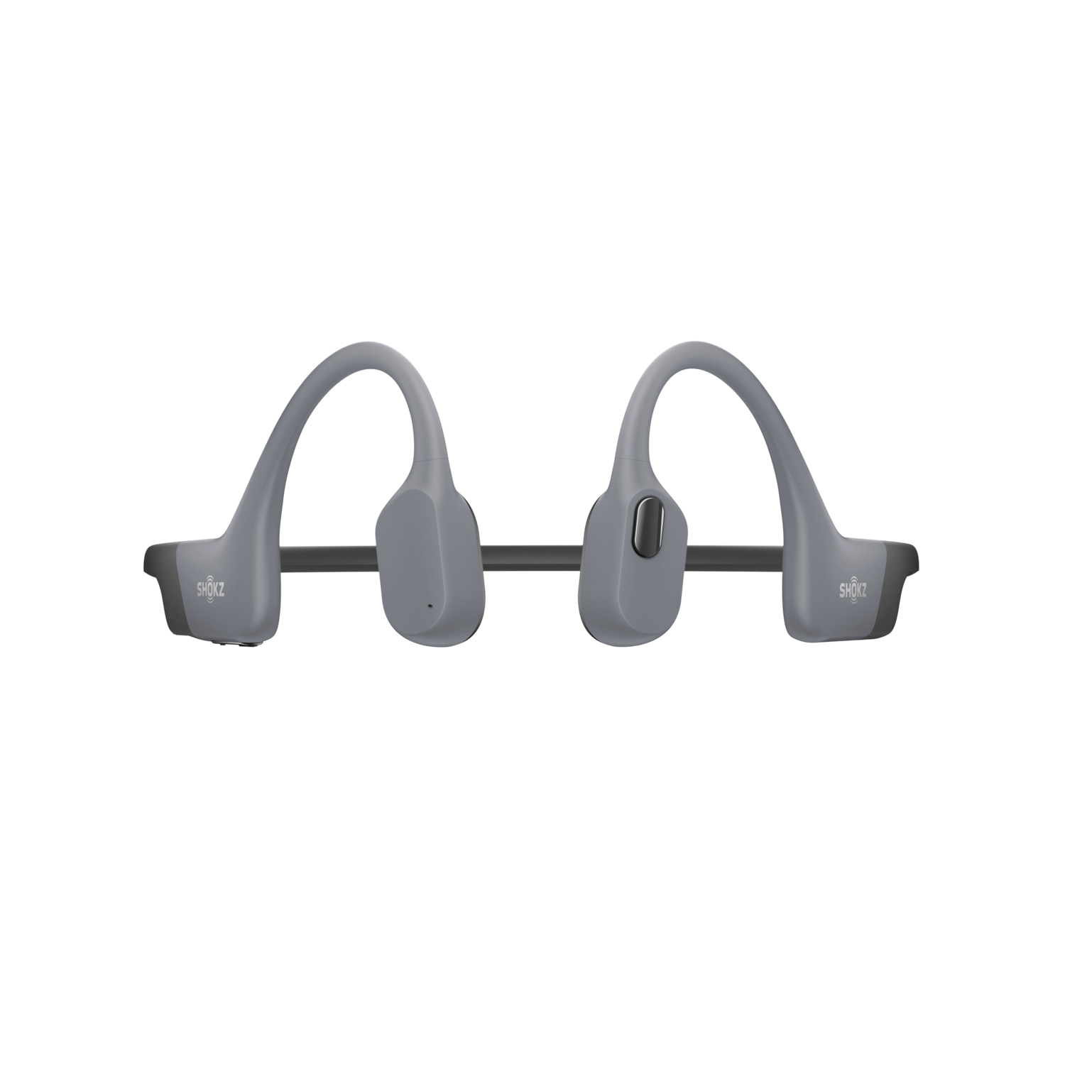 Gray bone conduction headphones, isolated on a black background.