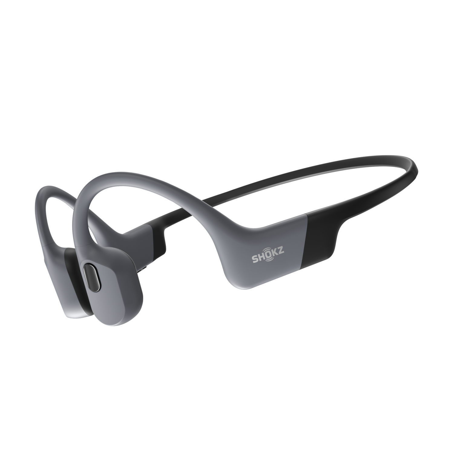 Grey Shokz bone conduction headphones on a white background, angled view.